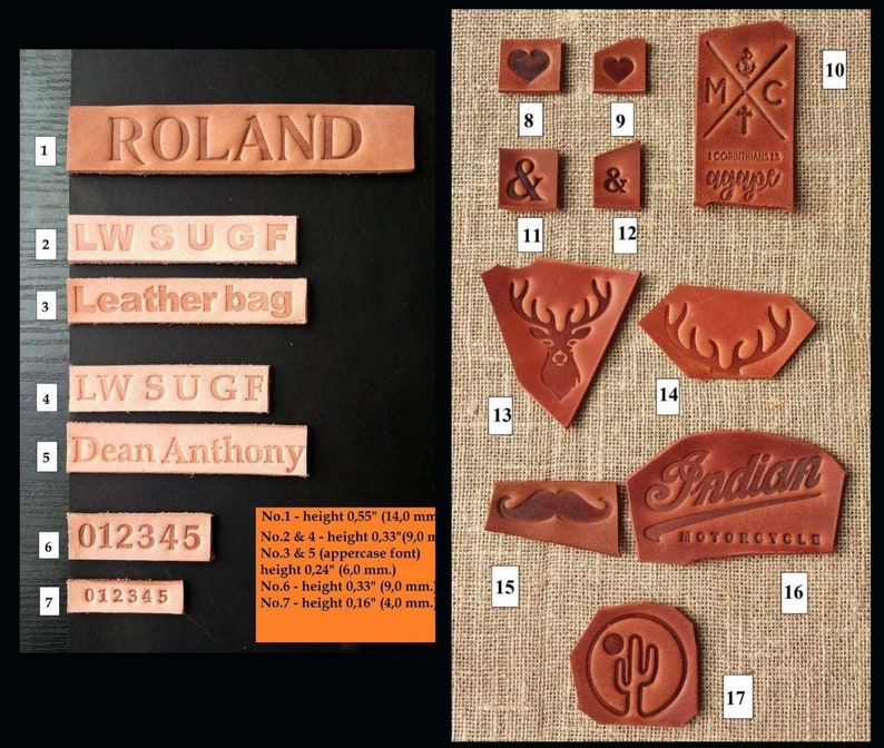 May include: A collection of brown leather pieces with embossed designs and text. The pieces include names, numbers, symbols, and the words "Leather bag", "Indian Motorcycle", and "ROLAND". The height of the pieces varies from 0.16" to 0.55".