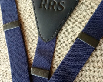 Navy Blue Elastic Suspenders, Leather Detail - Personalized Groomsmen Gift
