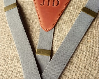 Grey Elastic Suspenders, Leather Detail, Personalized Groomsmen Gift
