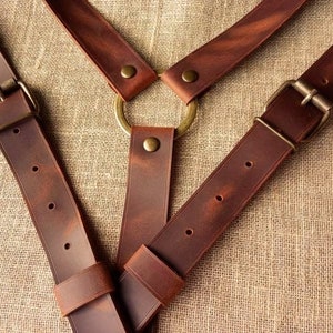 Rustic (Dark Cognac) Leather suspenders with ring Wedding gift Gifts For Men Leather suspenders Handmade width 1 inch
