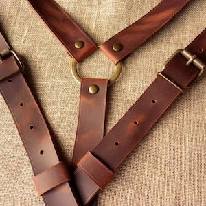 Rustic Dark Cognac Leather suspenders with ring Wedding gift Gifts For Men Leather suspenders Handmade width 1 inch image 1