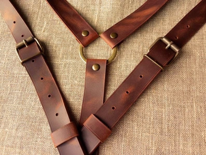 Rustic Dark Cognac Leather suspenders with ring Wedding gift Gifts For Men Leather suspenders Handmade width 1 inch zdjęcie 1