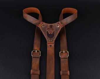 Brown leather suspenders. Rustic wedding accessories. Personalized gifts for groomsmen.
