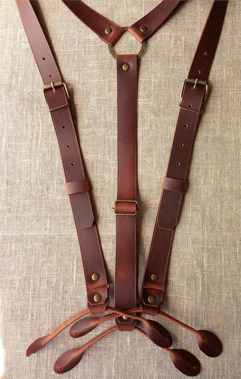 Rustic Dark Cognac Leather suspenders with ring Wedding gift Gifts For Men Leather suspenders Handmade width 1 inch image 5