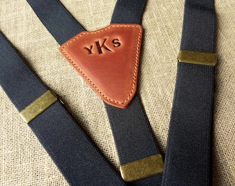 Personalized Black Elastic Suspenders, Leather Detail, Wedding Party