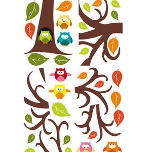 Wandtattoo: großer Baum mit Eulen 40 teilig, Wandsticker Baum mit bunten Eulen & Blättern für Kinderzimmer, Babyzimmer Bild 4