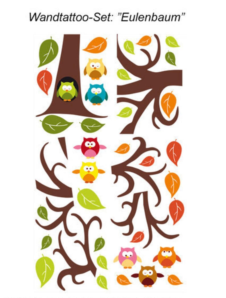 Wandtattoo: großer Baum mit Eulen 40 teilig, Wandsticker Baum mit bunten Eulen & Blättern für Kinderzimmer, Babyzimmer Bild 4