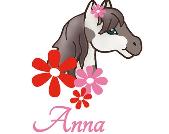 Türaufkleber: geschecktes Pony mit rosa - roten Blüten, Wandtattoo mit Name personalisierbar, Türsticker für Kinderzimmer