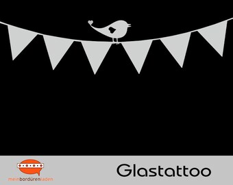 Glastattoo: Wimpel mit Vogel | selbstklebende Glasdekorfolie, Fensterfolie, permanent haftend, transluzent - grau silberner Rauhreif Effekt