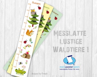 Messlatte: Lustige Waldtiere 1 | Messleiste für Kinder | optional selbstklebende Skala mit Frosch, Fuchs, Igel & Eule