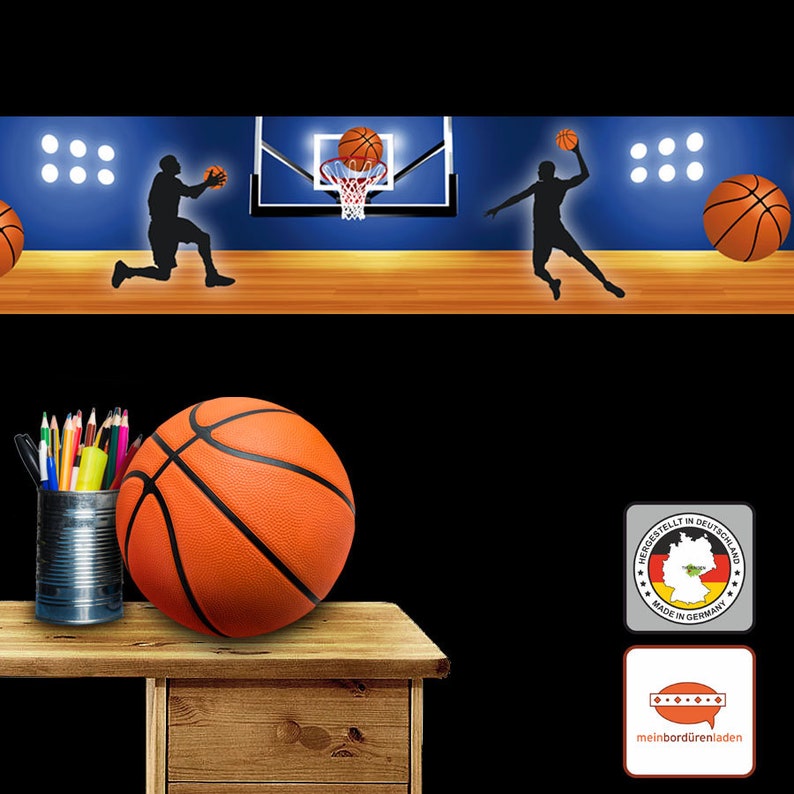 Kinderbordüre: Basketball 18 cm Höhe sportliche Vliesbordüre für Kinder mit Basketballspieler, optional selbstklebend Bild 1