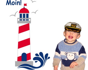 Wandtattoo: Leuchtturm mit norddeutschem Gruß "Moin!" | Wandsticker für Kinderzimmer, Wandaufkleber mit Leuchtturm, Maritimes Wandtattoo
