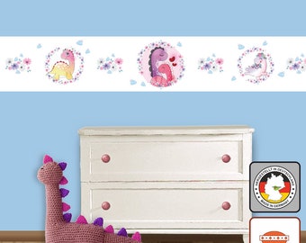 Kinderbordüre: Kleine Dinos mit Blumen  - 20 cm Höhe - Vlies Bordüren für Kinder, Watercolor - optional selbstklebend