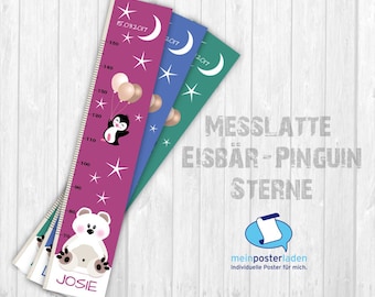 Messlatte: Eisbär & Pinguin mit Sternen | Messleiste für Kinder | personalisierbare selbstklebende Skala