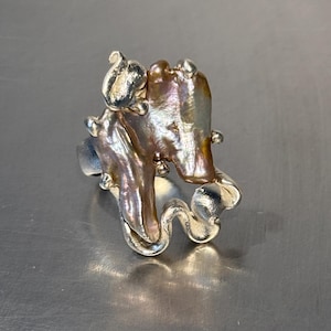 Gothic natural irregular pearl baroque ring in sterling silver