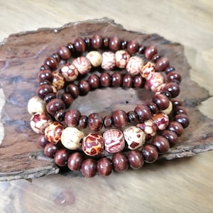 Set of 3 wooden beaded bracelet Patterned decoupage beads Choose your size