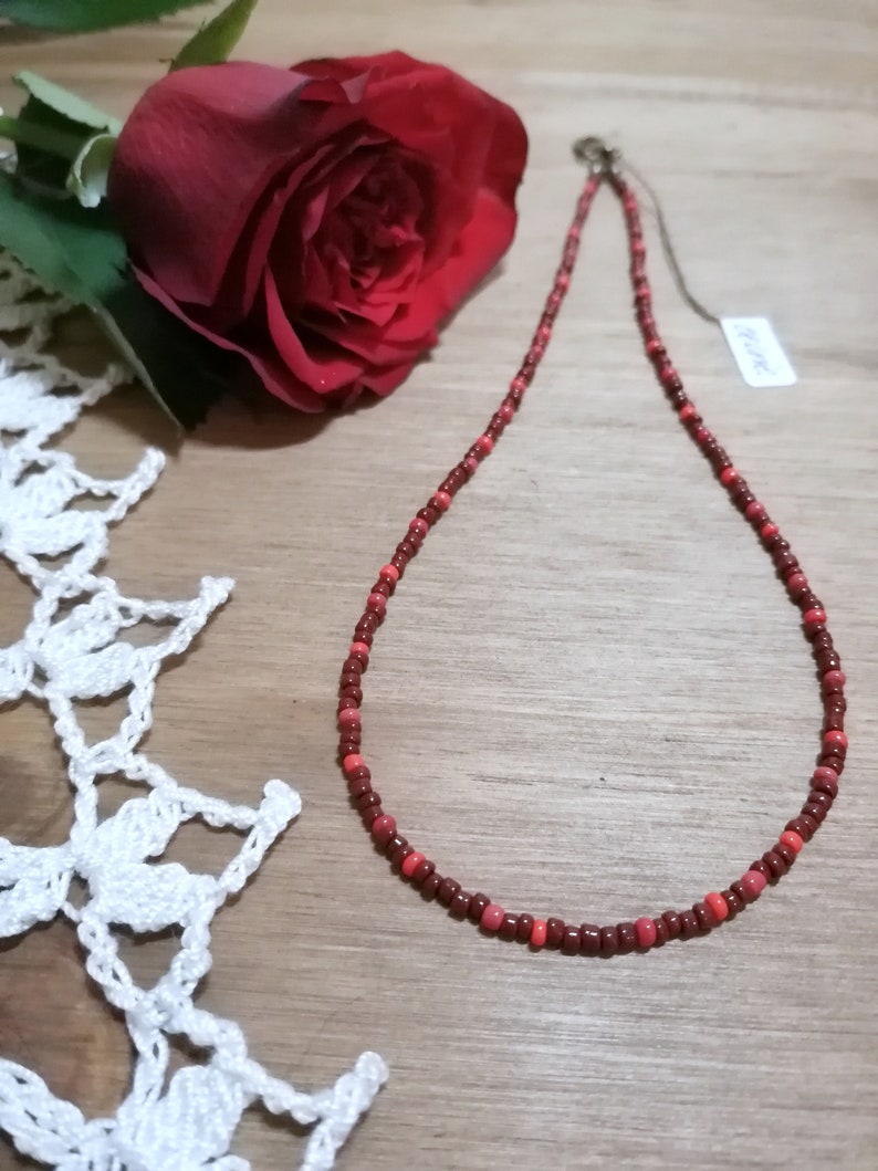 Brown and Red Seed Bead Necklace Love Beads Short Necklet Etsy UK