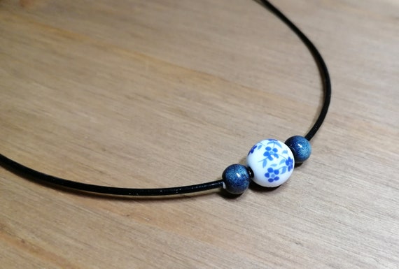 青い花柄ビーズネックレス - Etsy 日本