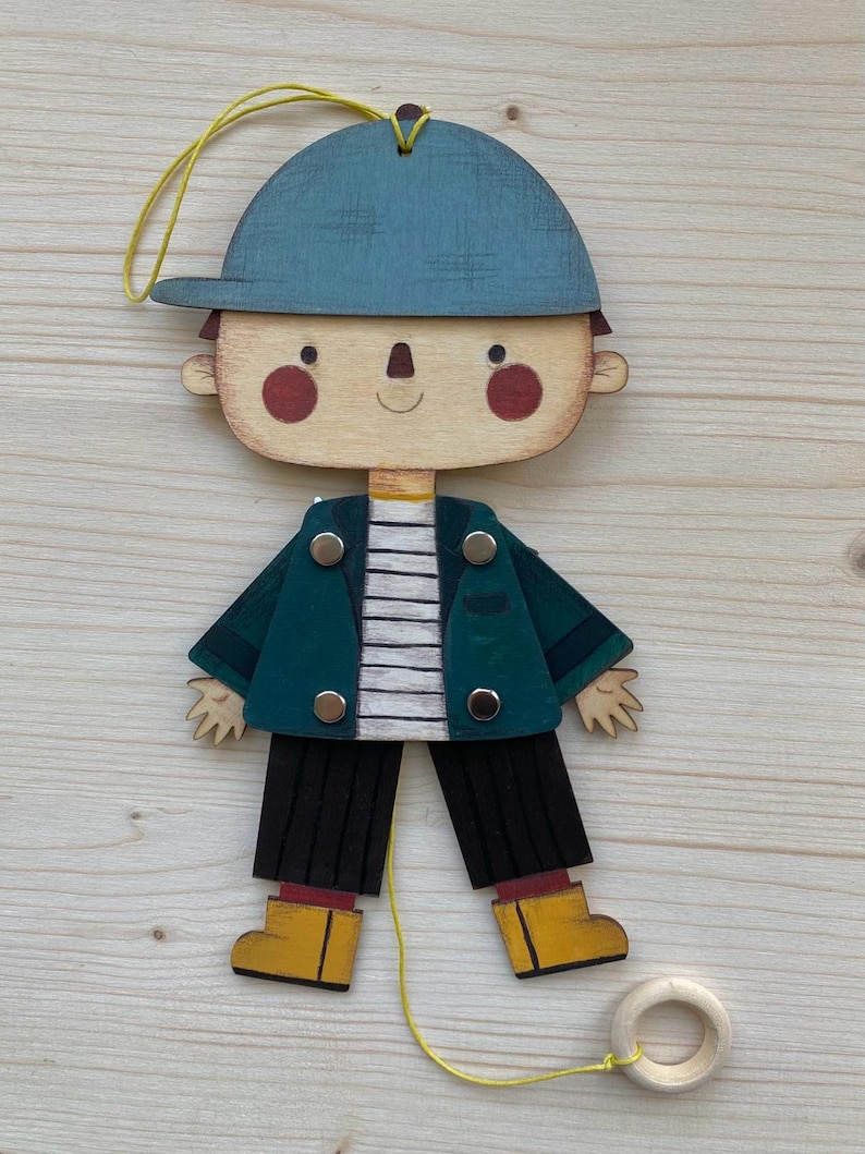 Handgemachte flache Hampelmann Holzpuppe für Kinder Boy with hat