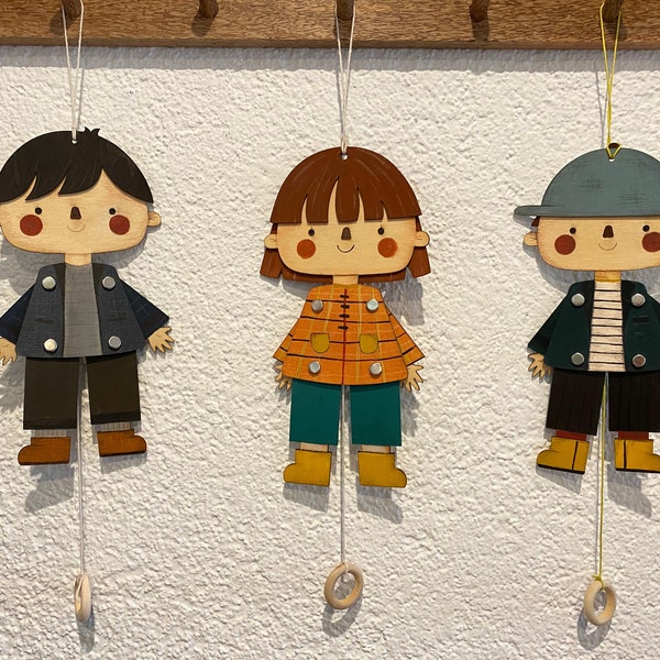 Handmade Hampelmann flat wooden kids doll