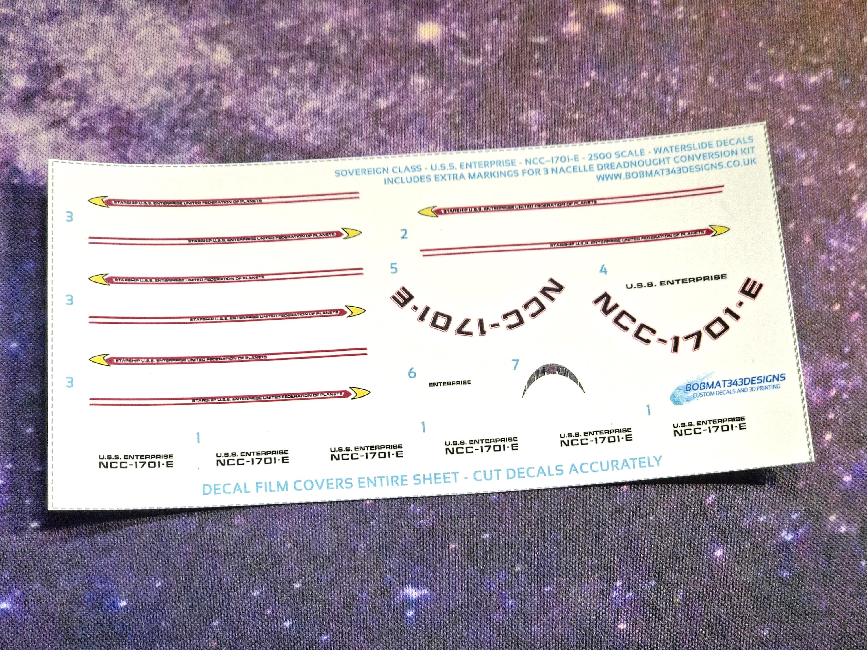 Waterslide Decals for 1:2500 Scale SOVEREIGN CLASS Enterprise 1701-E - Custom Registries Available