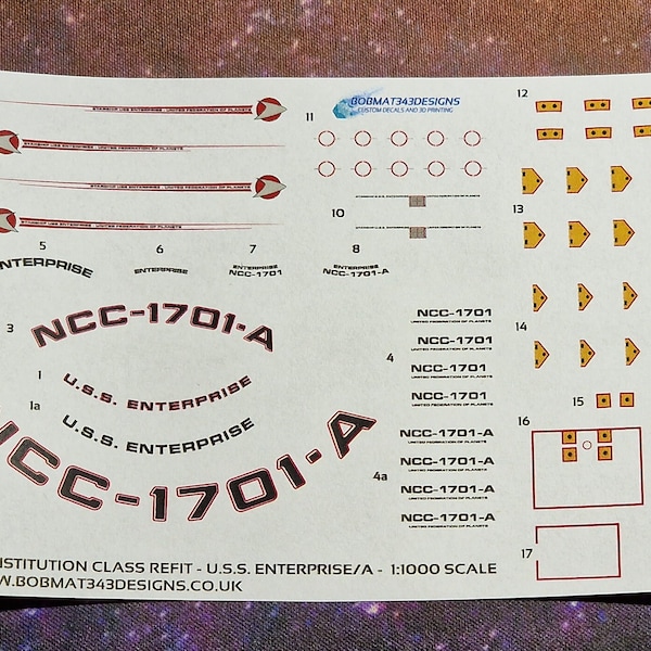 Waterslide Decals for 1:1000 Scale CONSTITUTION REFIT ENTERPRISE-A - Custom Registries Available