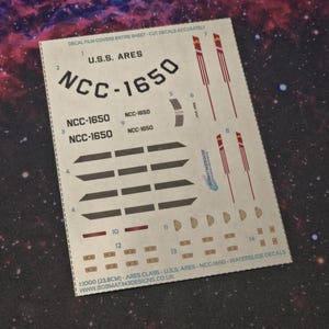 Decalcomanie Waterslide per la classe ARES in scala 1:1000 U.S.S. Ares - Set completo di decalcomanie NCC-1650 - Registri personalizzati disponibili