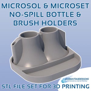 May include: A 3D printed gray plastic holder for two bottles and a brush. The holder has two round openings for bottles and a rectangular area for a brush. The text "MICROSOL & MICROSET NO-SPILL BOTTLE & BRUSH HOLDERS" is at the top of the image. The text "STL FILE SET FOR 3D PRINTING" is at the bottom of the image. The text "BOBMAT343DESIGNS CUSTOM DECALS AND 3D PRINTING" is in the lower right corner of the image.