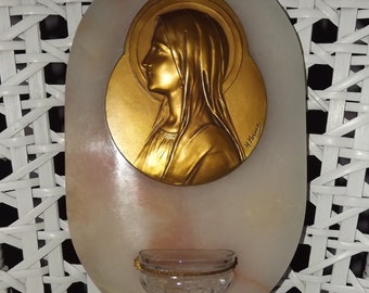 Beautiful Rare Large French Benitier - Holy Water Font Signed H. Moreau - Marble and Brass Medal Virgin Mary Benitier - Wall Holy Water Font