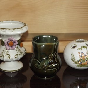 Set of 3 Vases - Small Ceramic Vases White and Green Colors - Rare Longchamp Vase with Bird - Italian Majolica Flower Vase - Round Buds Vase