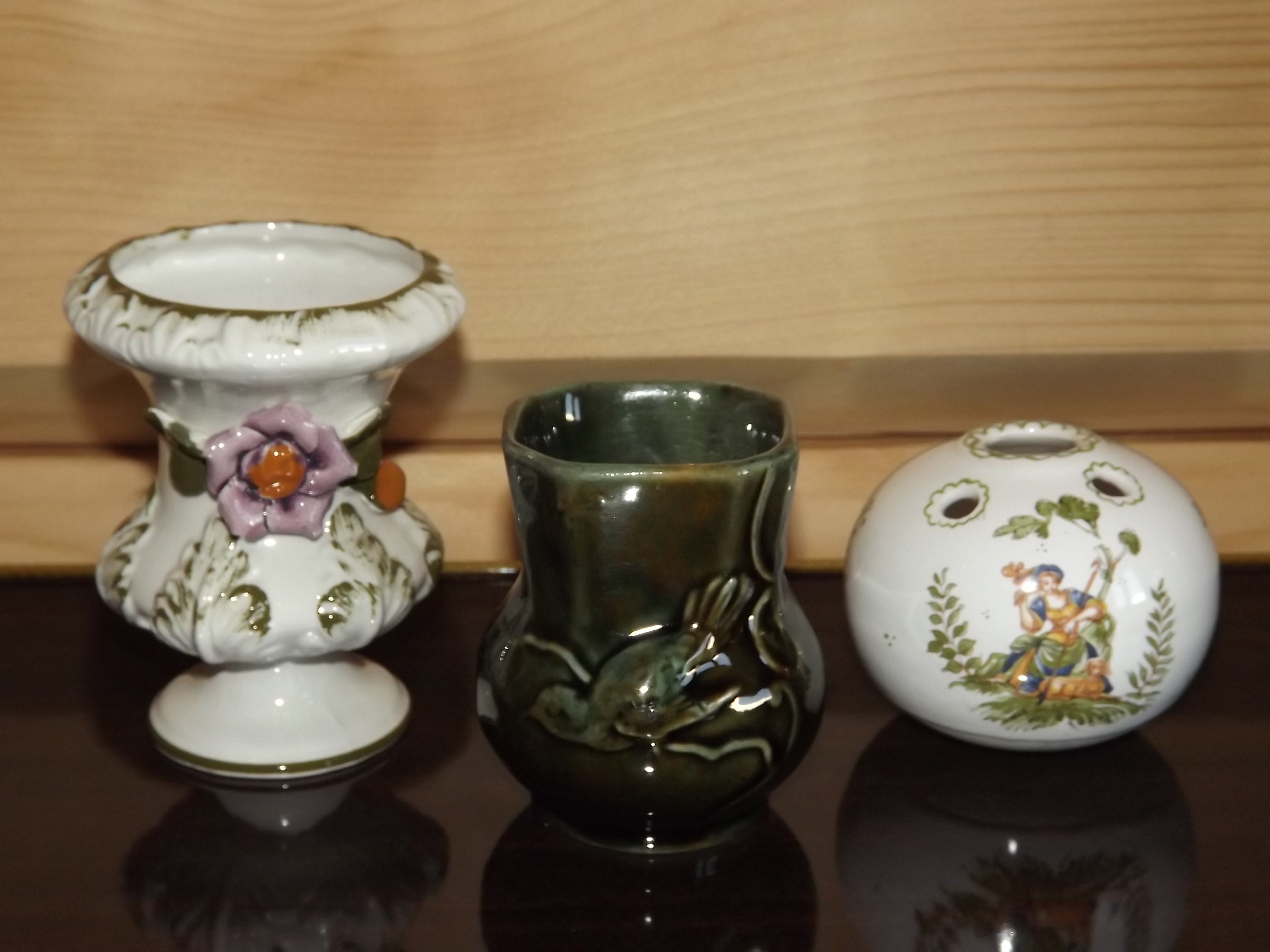 Ensemble de 3 Vases - Petits en Céramique Couleurs Blanches et Vertes Vase Longchamp Rare avec Oisea