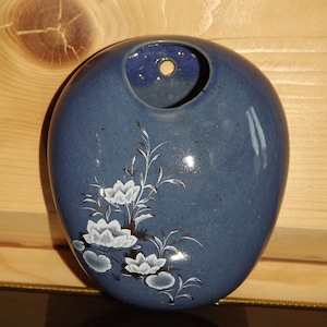 Vintage French Ceramic Wall Plant Pot - Ceramic Wall Planter - Blue Wall Pot for Plants - Lotus Flowers Decor Wall Vase