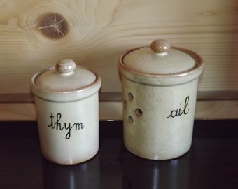 Vintage Set of 2 French Kitchen Ceramic Jar Thym Ail - Thyme and Garlic Glazed Pottery Jars with Lids - French Kitchen Canisters