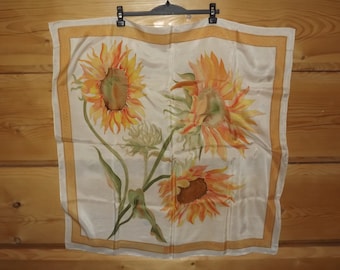 Beautiful French Hand Painted Silk Scarf - Silk Scarf Sunflowers - Yellow Orange Painted Sunflowers Floral Scarf French Fashion