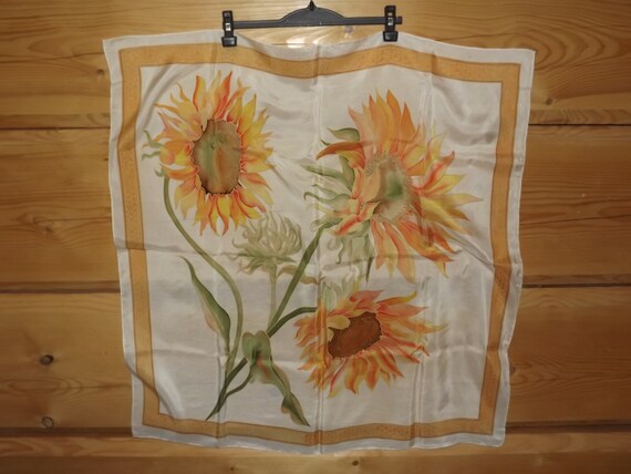 Beautiful French Hand Painted Silk Scarf - Silk Scarf Sunflowers - Yellow Orange Painted Sunflowers Floral Scarf French Fashion