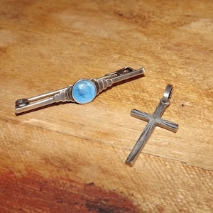 Vintage French Set of Christian Jewelry - Silver Plated Blue Enamel Brooch and Cross Pendant - Virgin Mary Brooch - Catholic Gifts
