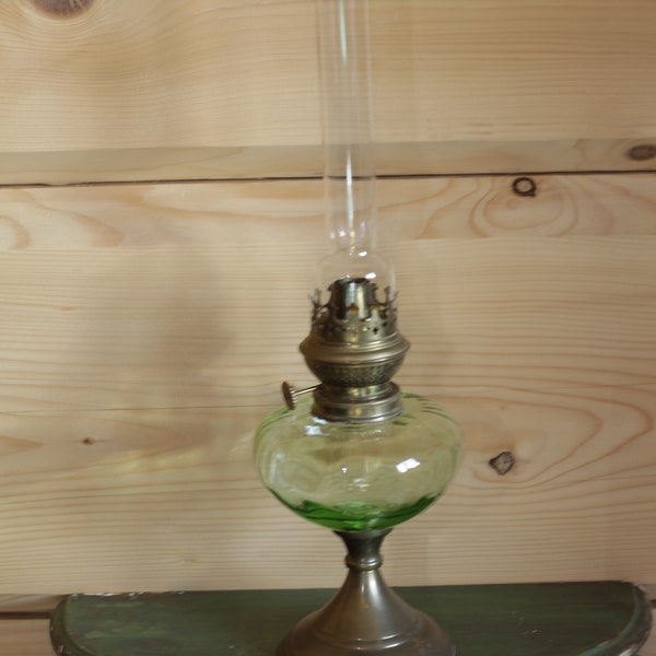 Beautiful Antique Tall French Oil Lamp - Glass Reservoir and Brass Oil Lamp with Glass Tube Green Glass Parlour Kerosene Lamp Kosmos Brenner