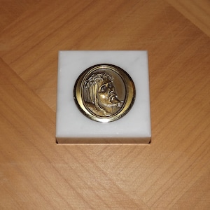 Vintage French Paperweight Jesus Christ - White Marble Signed Medal Christian Paperweight - Jesus Christ Office Decoration