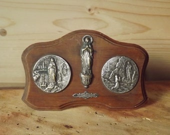 Antique French Christian Lourdes Plaques with Medals Signed E. Dropsy and G. Bruneau - Our Lady of Lourdes Wooden Plaque