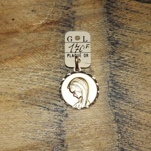 Vintage French Virgin Mary Gold Plated Pendant - Vintage Round Christian Medal with Tag - GL gold plate Virgin Mary Pendant AJ