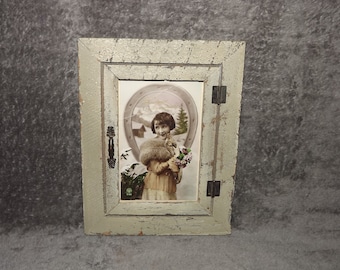 Vintage Framed French Post Card 1945 Heureux Anniversaire - Wooden Frame Birthday Post Card Winter Decor - French Shabby Wall Decor