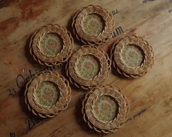 Vintage Wicker Coasters - 6 Floral Coasters - Boho Wicker Glass Coasters - French 70s Coasters