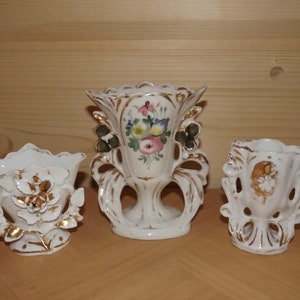 Antique Set of 3 French Wedding Vases - Wedding Globe Porcelaine Vases - Antique Wedding Souvenir Vases de Mariage - French Porcelaine Vase