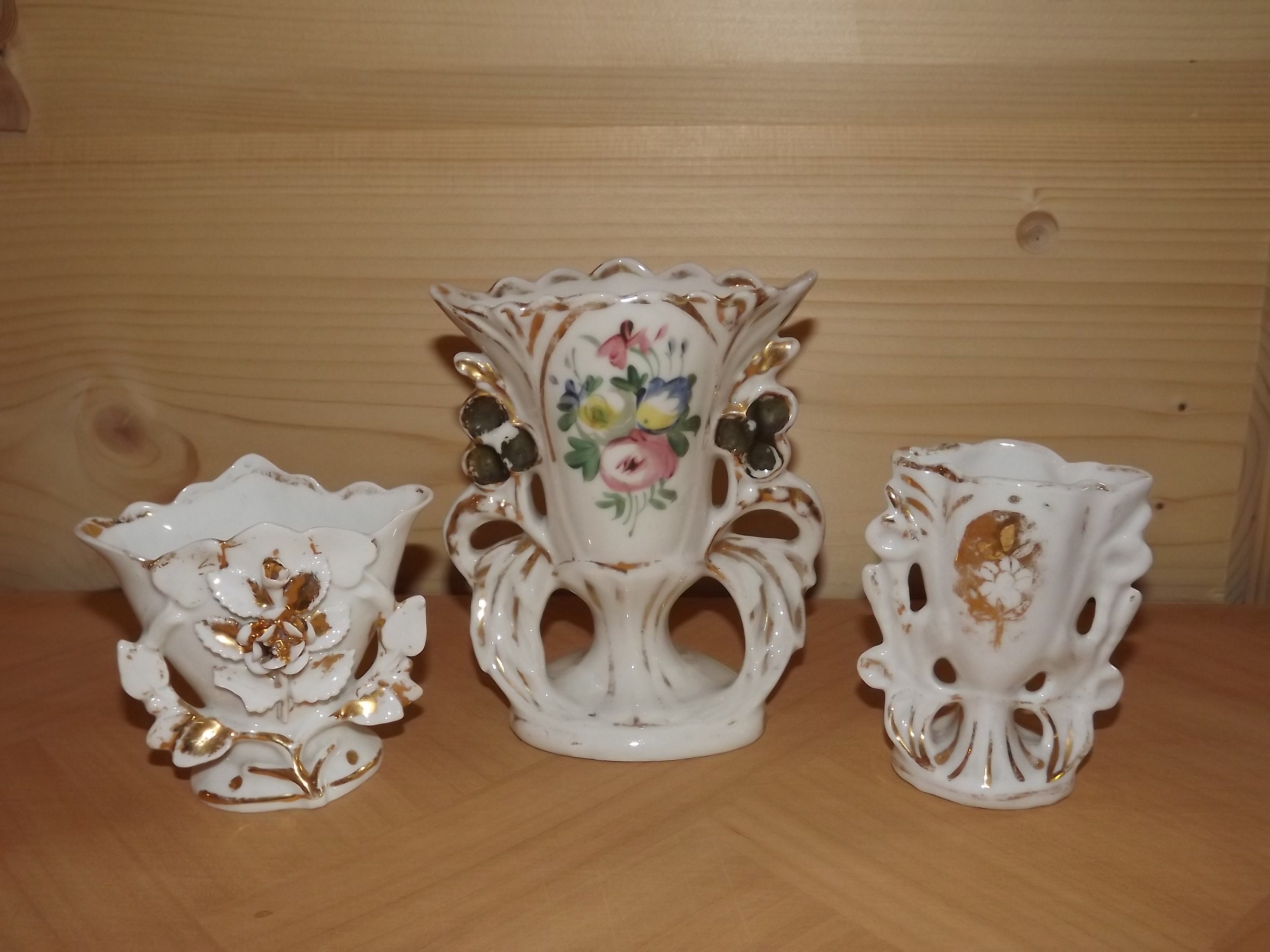 Antique Ensemble de 3 Vases Mariage Français - Vases Porcelaine Globe Souvenir Antiques Mariage Vase