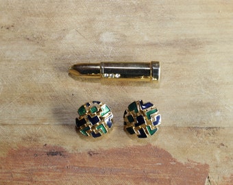 Set of Vintage French Clip-on Earrings and Brooch - French Designer Style Clip On Earrings and Lipstick Brooch - Set of Jewelries