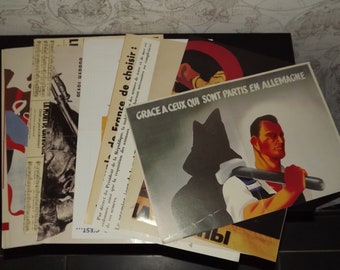 May include: A collection of vintage propaganda posters in French and German. The posters feature images of soldiers, a wolf, and text that reads "Grace a ceux qui sont partis en Allemagne" (Thanks to those who left for Germany).