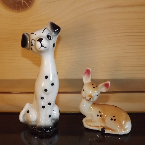 Vintage Set de Porcelaine Dalmatien et Biche - Figurines Animales années 60-70 Céramique - Porcelaine vintage Chien et Cerf