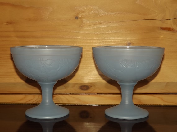 Vintage französische Dessert-Glasschalen - Blaue Dessertbecher - Dessertgläser - Blaue Retro-Dessertschalen - Obstsalatschalen