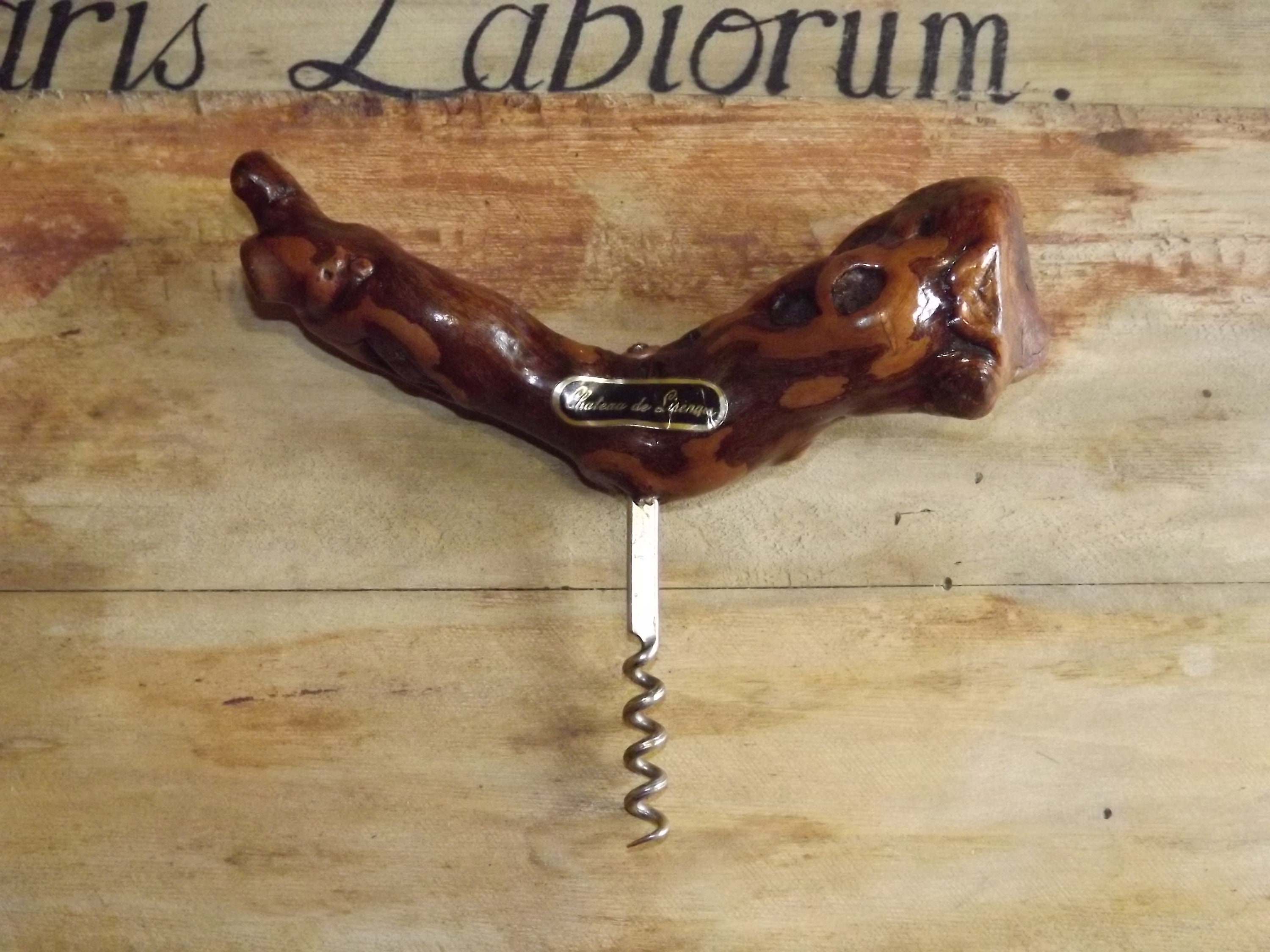 Vintage Français Winegrape Wine Bottle Opener - Château de Lisennes Corkscrew -Bar Gift Real Wood Co