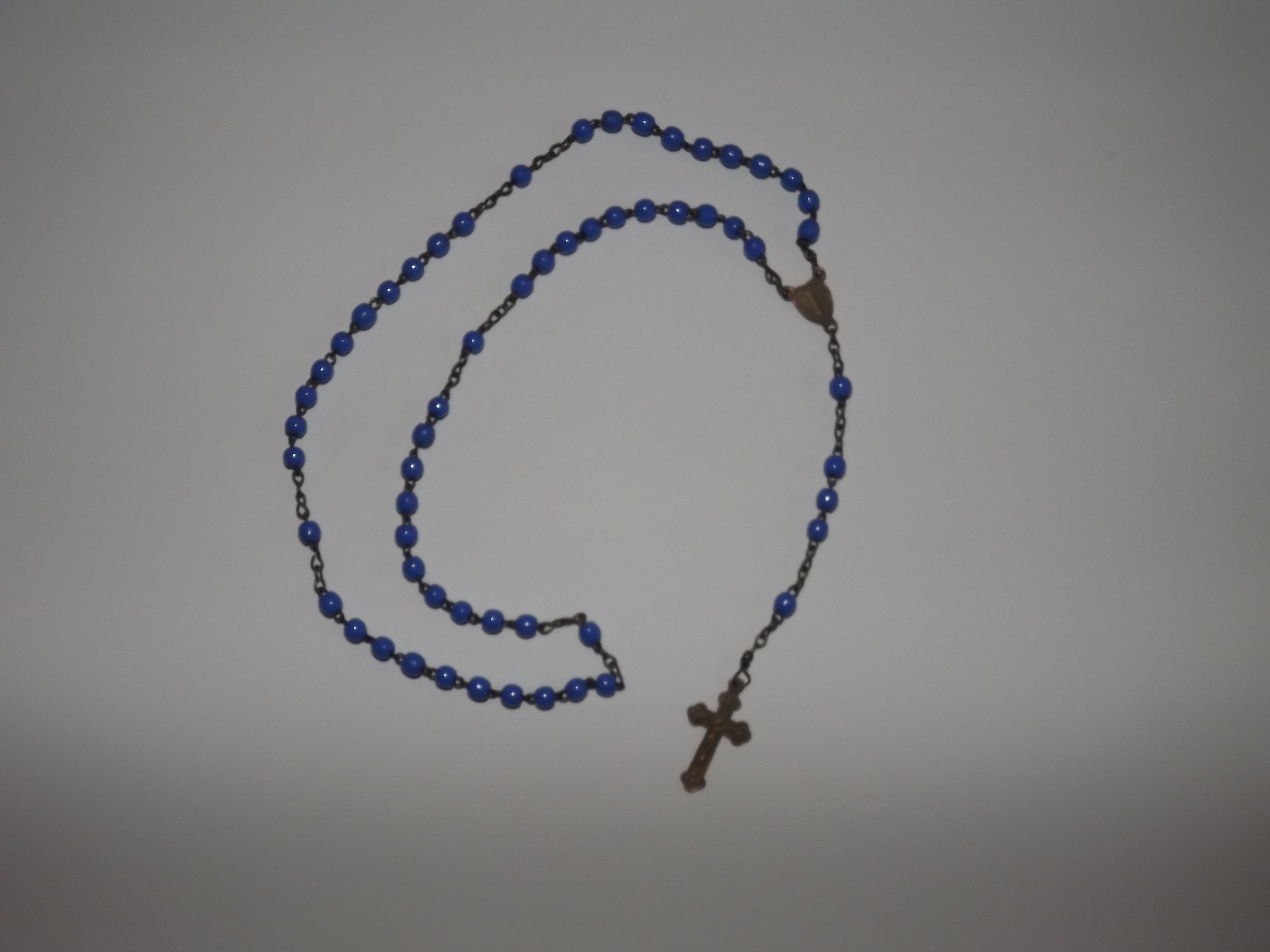 Croix de Chapelet Français Vintage - Perles Faïence Céramique Bleue en Laiton Rosaire Médaille Vinta
